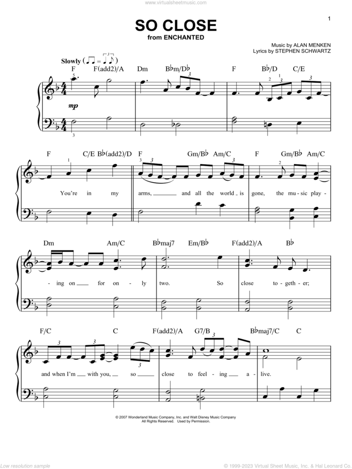 So Close (from Enchanted), (beginner) sheet music for piano solo by Alan Menken, John McLaughlin and Stephen Schwartz, beginner skill level