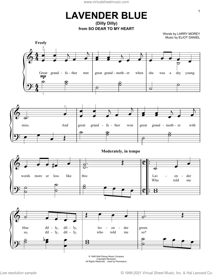 Lavender Blue (Dilly Dilly) (from So Dear To My Heart) sheet music for piano solo by Larry Morey, Burl Ives and Eliot Daniel, beginner skill level