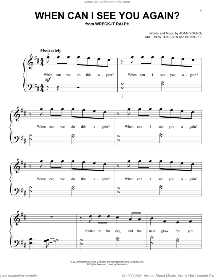 When Can I See You Again? (from Wreck-It Ralph) sheet music for piano solo by Owl City, Adam Young, Brian Lee and Matthew Thiessen, beginner skill level