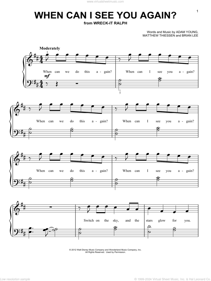 When Can I See You Again? (from Wreck-It Ralph) sheet music for piano solo by Owl City, Adam Young, Brian Lee and Matthew Thiessen, beginner skill level