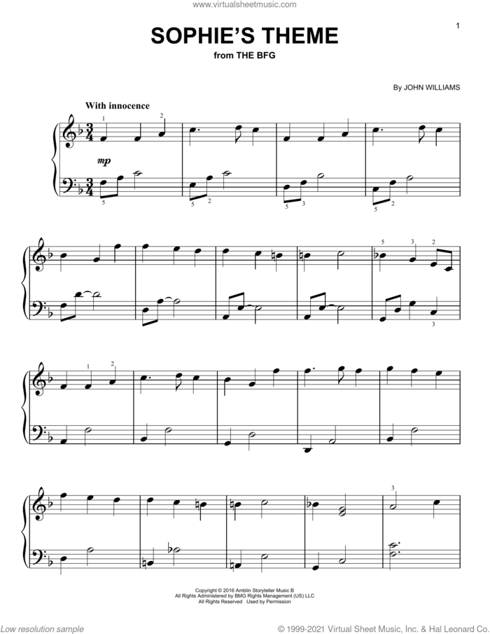 Sophie's Theme (from The BFG) sheet music for piano solo by John Williams, beginner skill level