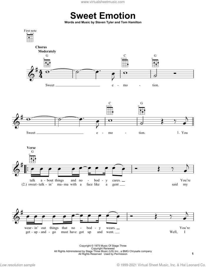 Sweet Emotion sheet music for ukulele by Aerosmith, Steven Tyler and Tom Hamilton, intermediate skill level