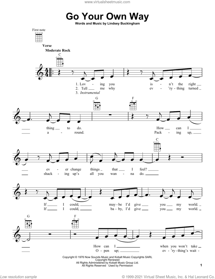 Go Your Own Way sheet music for ukulele by Fleetwood Mac and Lindsey Buckingham, intermediate skill level