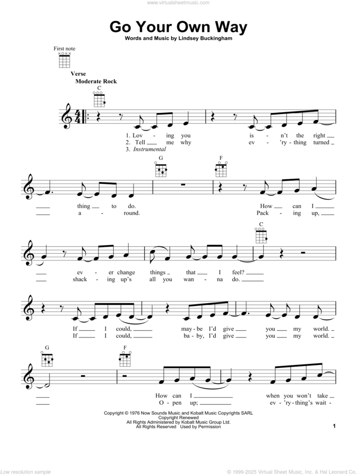 Go Your Own Way sheet music for ukulele by Fleetwood Mac and Lindsey Buckingham, intermediate skill level