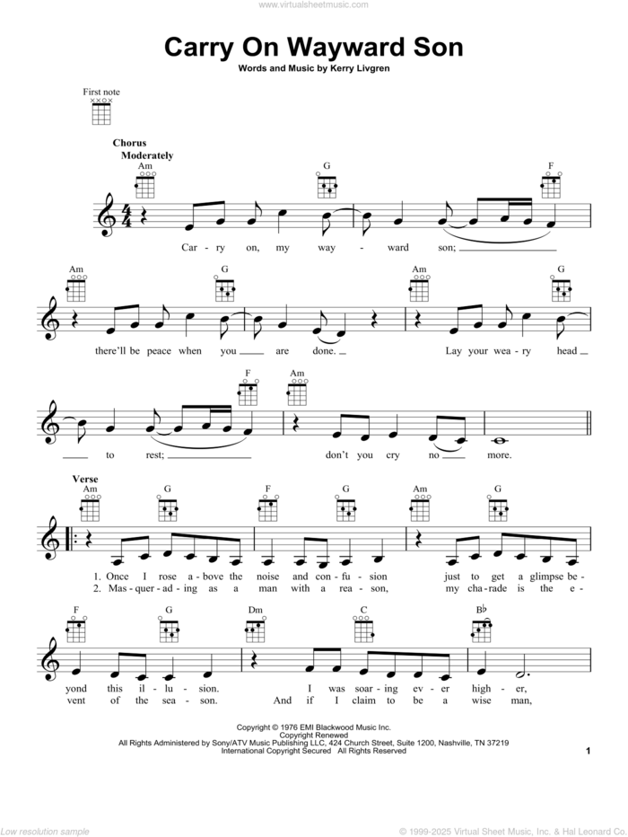 Carry On Wayward Son sheet music for ukulele by Kansas and Kerry Livgren, intermediate skill level