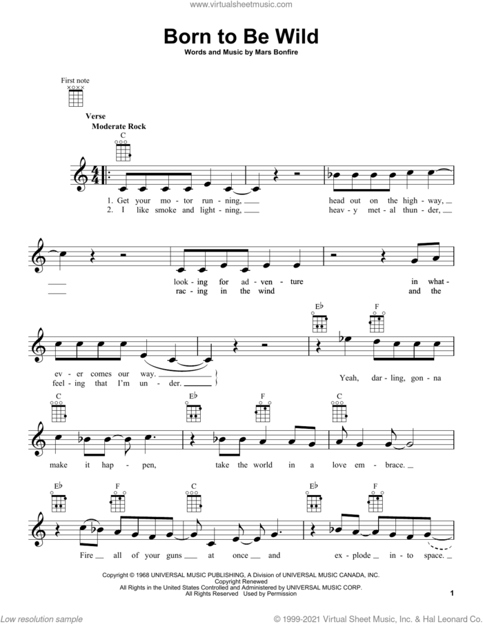 Born To Be Wild sheet music for ukulele by Steppenwolf and Mars Bonfire, intermediate skill level