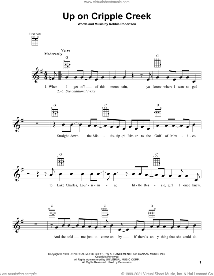 Up On Cripple Creek sheet music for ukulele by The Band and Robbie Robertson, intermediate skill level