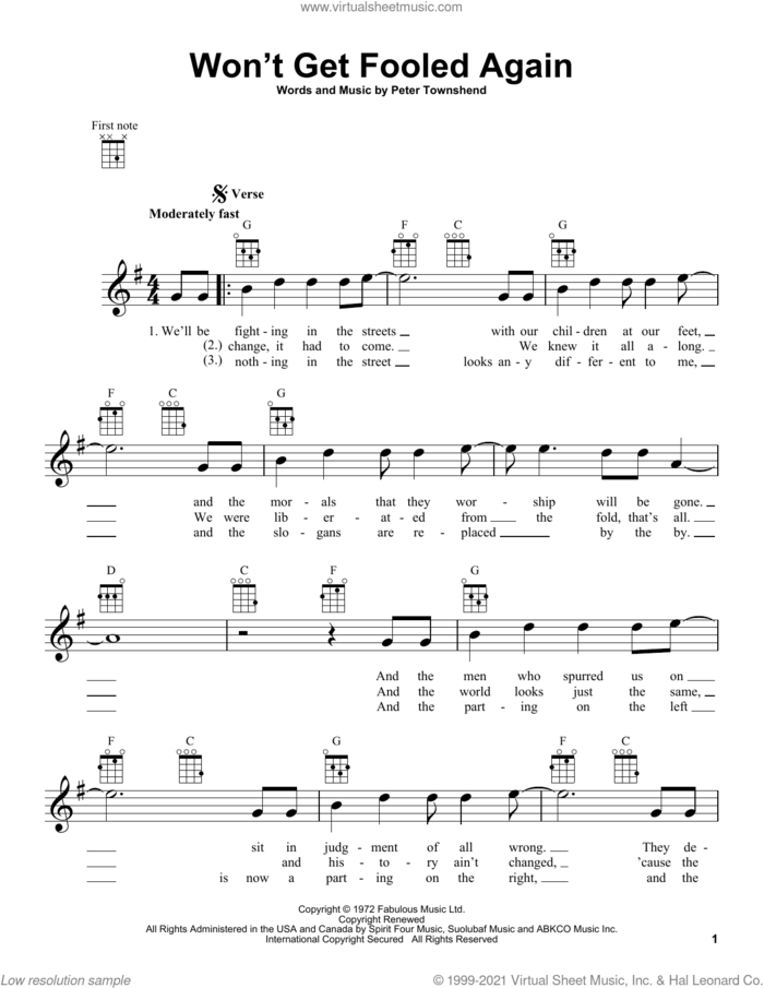 Won't Get Fooled Again sheet music for ukulele by The Who and Pete Townshend, intermediate skill level