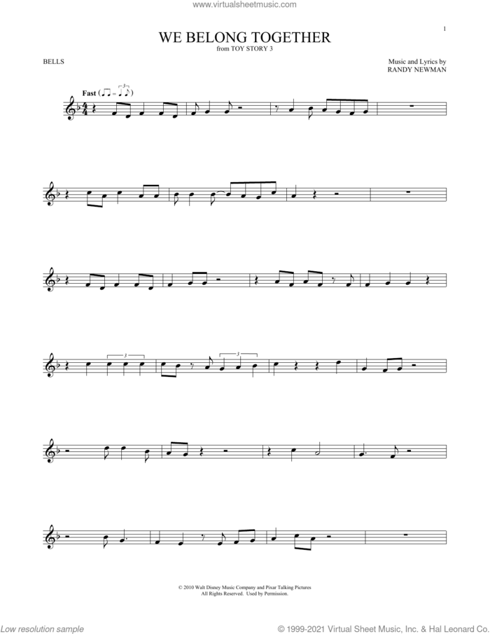 We Belong Together (from Toy Story 3) sheet music for Hand Bells Solo (bell solo) by Randy Newman, intermediate Hand Bells Solo (bell)