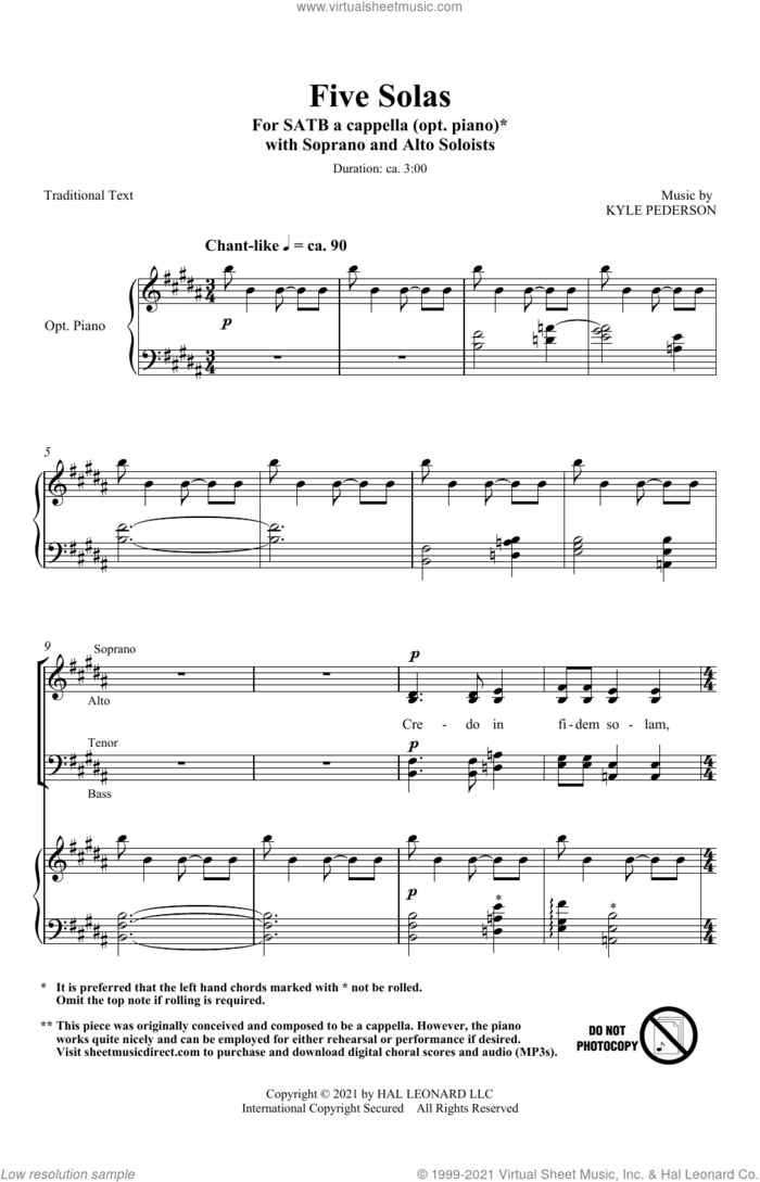 Five Solas sheet music for choir (SATB: soprano, alto, tenor, bass) by Kyle Pederson and Miscellaneous, intermediate skill level
