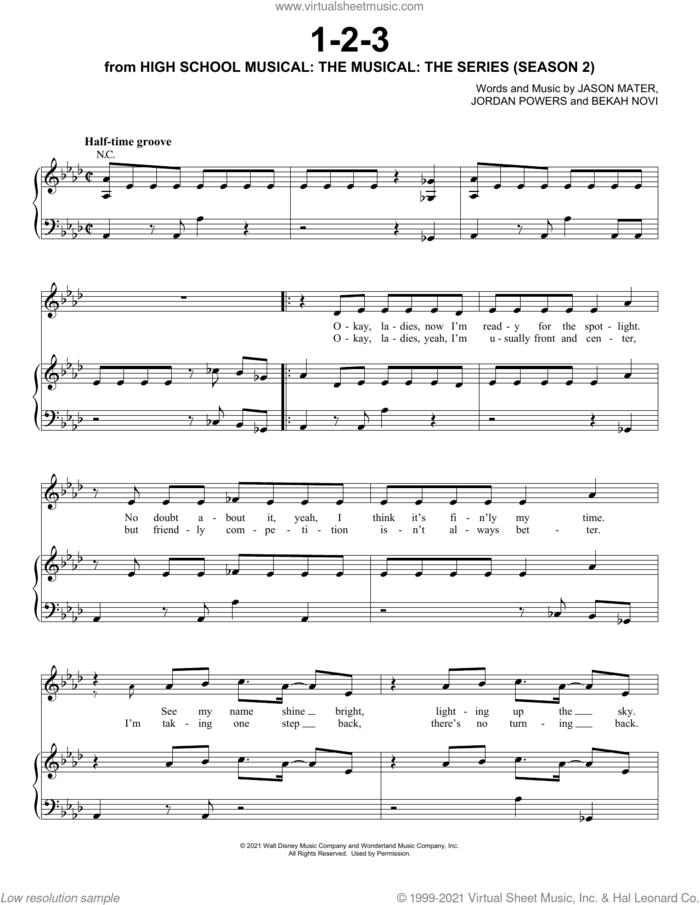 1-2-3 (from High School Musical: The Musical: The Series) sheet music for voice, piano or guitar by Julia Lester, Dara Reneé & Sofia Wiley, Bekah Novi, Jason Mater and Jordan Powers, intermediate skill level
