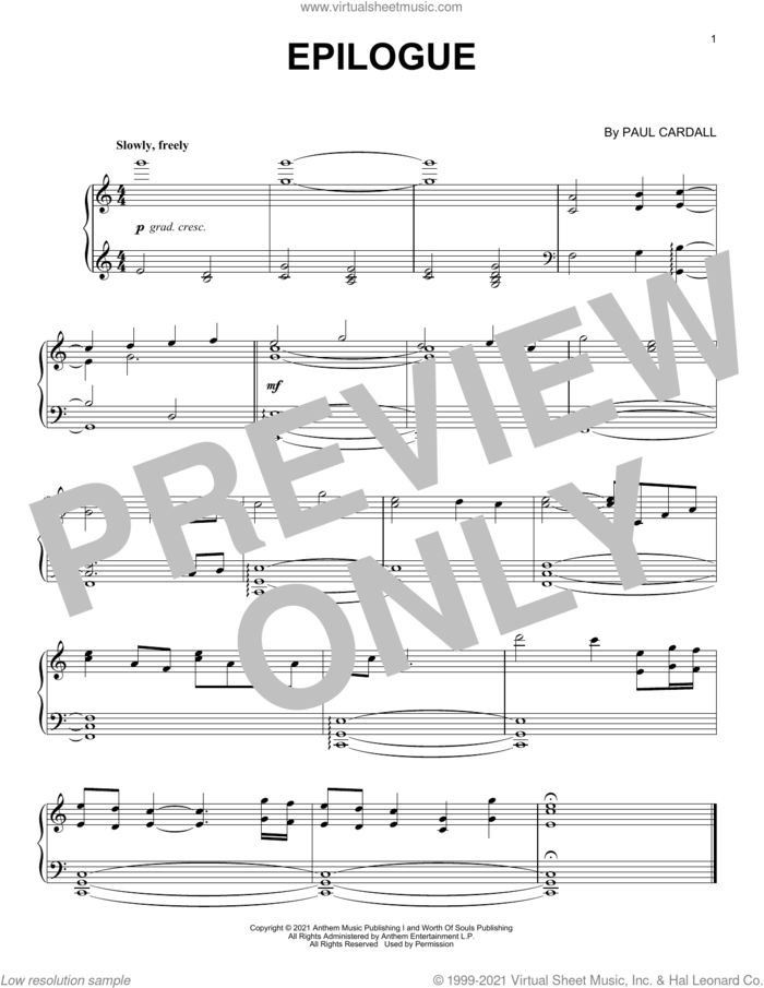 Epilogue sheet music for piano solo by Paul Cardall, intermediate skill level