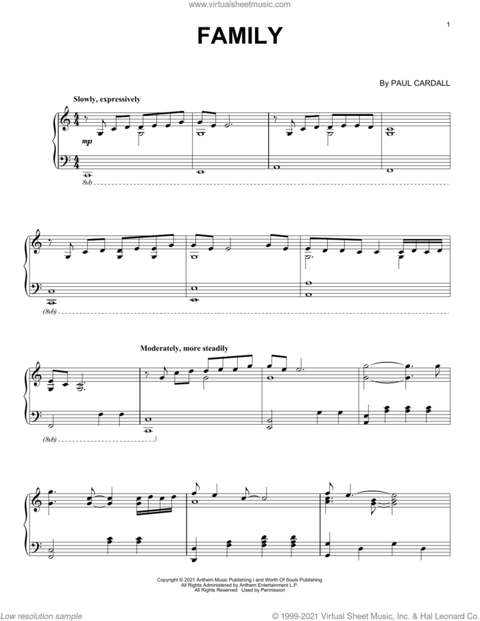 Family sheet music for piano solo by Paul Cardall, intermediate skill level