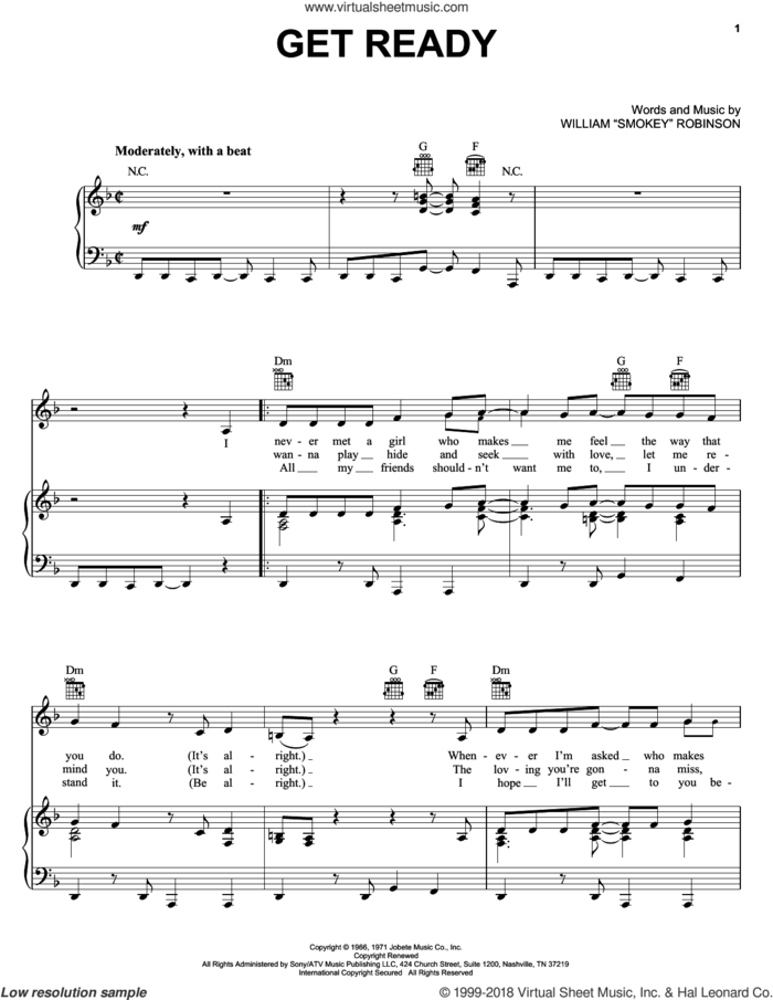 Get Ready sheet music for voice, piano or guitar by Rare Earth and The Temptations, intermediate skill level