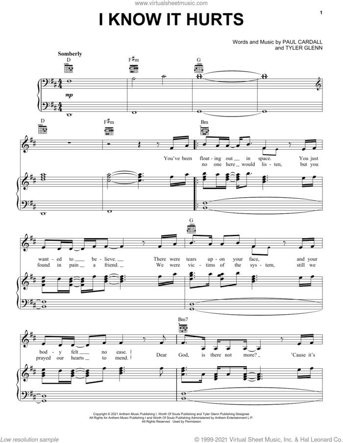 I Know It Hurts sheet music for voice, piano or guitar by Paul Cardall and Tyler Glenn, Paul Cardall and Tyler Glenn, intermediate skill level