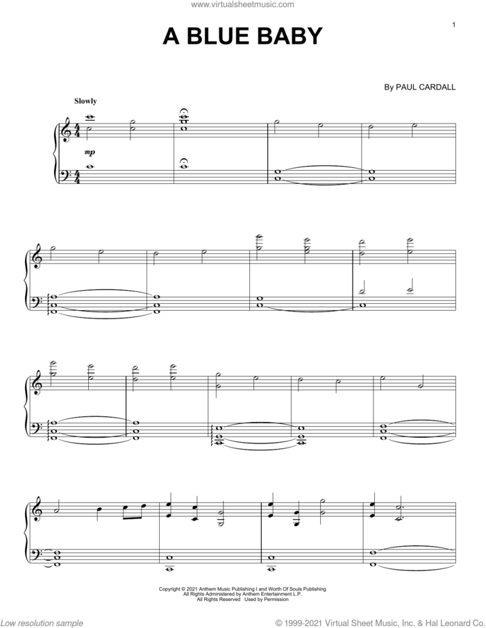A Blue Baby sheet music for piano solo by Paul Cardall, intermediate skill level