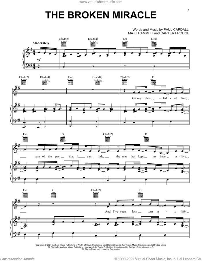The Broken Miracle sheet music for voice, piano or guitar by Paul Cardall and Matt Hammitt, Carter Frodge, Matt Hammitt and Paul Cardall, intermediate skill level