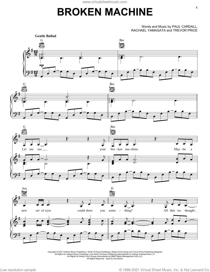 Broken Machine sheet music for voice, piano or guitar by Paul Cardall and Rachael Yamagata, Paul Cardall, Rachael Yamagata and Trevor Price, intermediate skill level