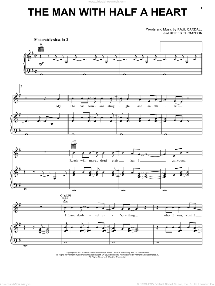 The Man With Half A Heart sheet music for voice, piano or guitar by Paul Cardall and Thompson Square, Keifer Thompson and Paul Cardall, intermediate skill level