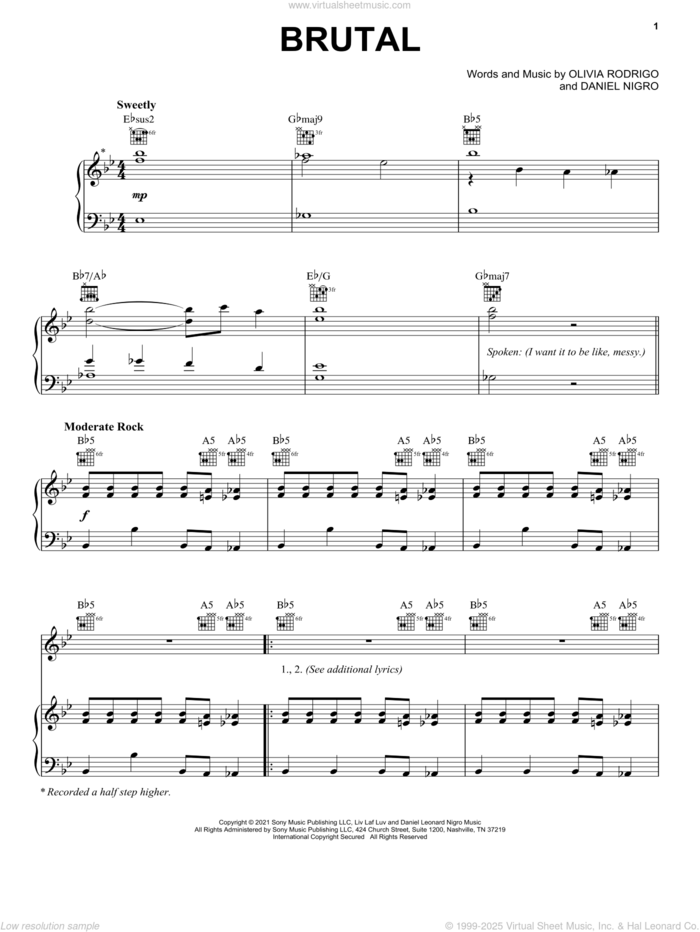 brutal sheet music for voice, piano or guitar by Olivia Rodrigo and Daniel Nigro, intermediate skill level