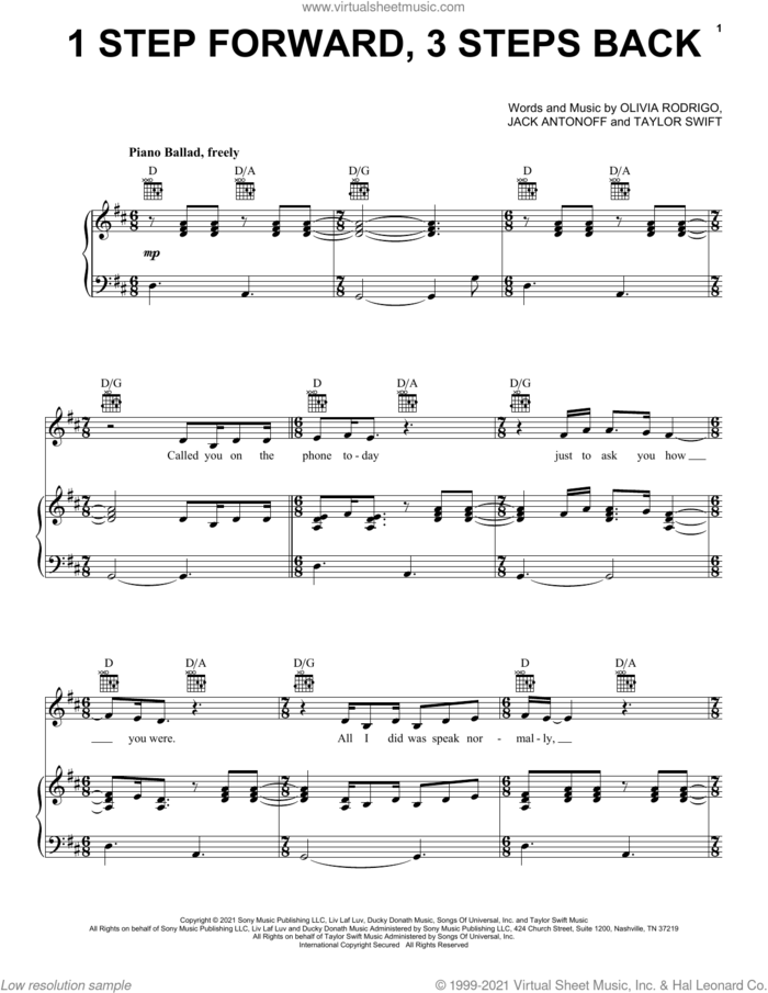 1 step forward, 3 steps back sheet music for voice, piano or guitar by Olivia Rodrigo, Jack Antonoff and Taylor Swift, intermediate skill level
