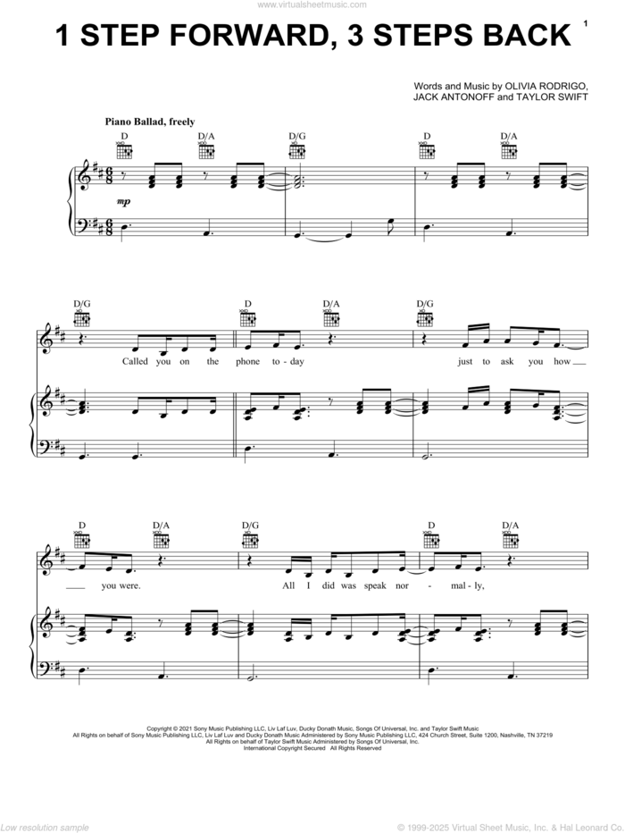 1 step forward, 3 steps back sheet music for voice, piano or guitar by Olivia Rodrigo, Jack Antonoff and Taylor Swift, intermediate skill level