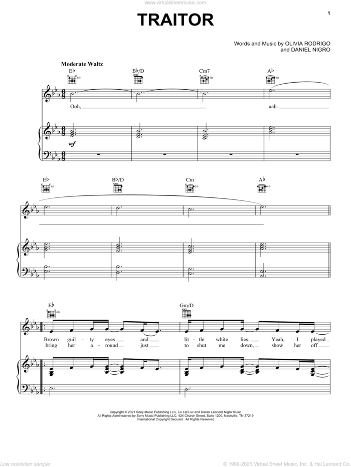 traitor sheet music for voice, piano or guitar by Olivia Rodrigo and Daniel Nigro, intermediate skill level