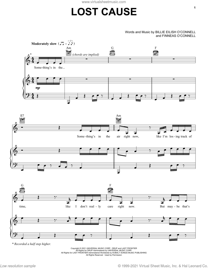 Lost Cause sheet music for voice, piano or guitar by Billie Eilish, intermediate skill level