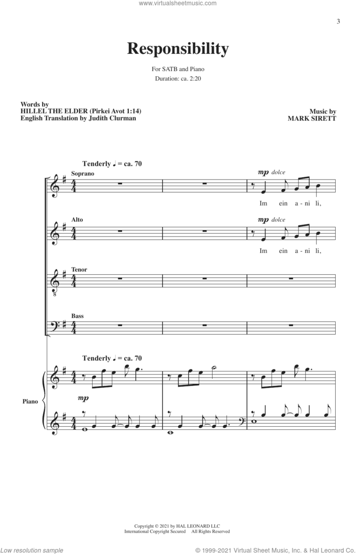 Responsibility sheet music for choir (SATB: soprano, alto, tenor, bass) by Mark Sirett and Hillel the Elder, intermediate skill level