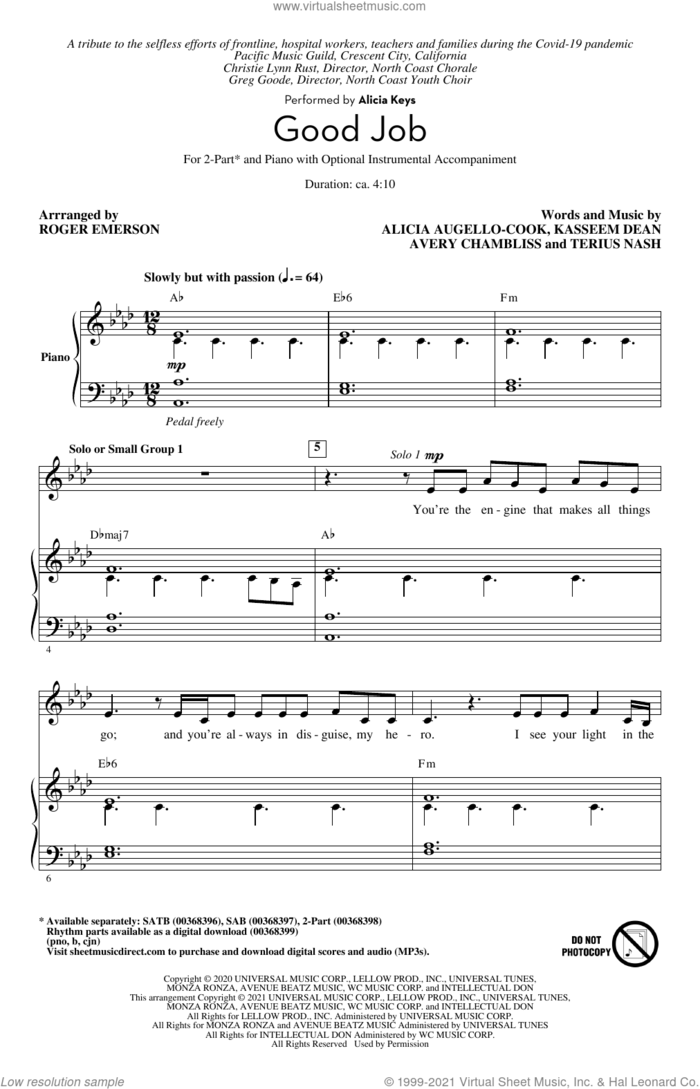 Good Job (arr. Roger Emerson) sheet music for choir (2-Part) by Alicia Keys, Roger Emerson, Alicia Augello-Cook, Avery Chambliss, Kasseem Dean and Terius Nash, intermediate duet