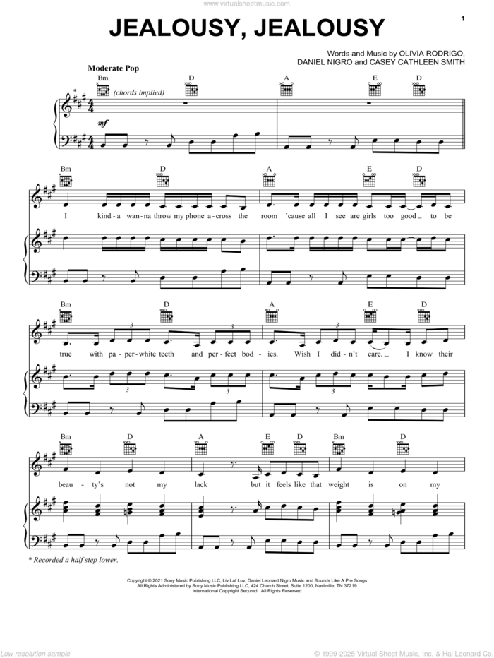 jealousy, jealousy sheet music for voice, piano or guitar by Olivia Rodrigo, Casey Cathleen Smith and Daniel Nigro, intermediate skill level