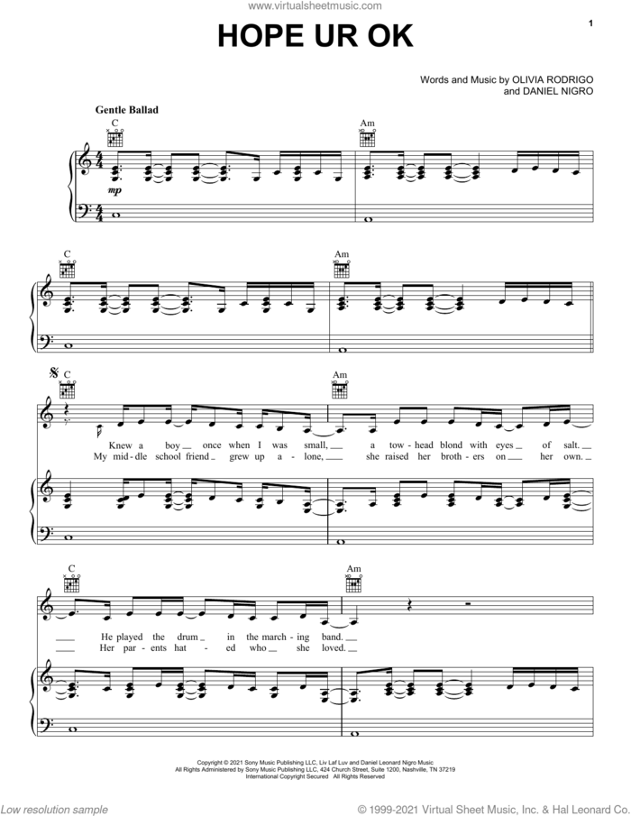 hope ur ok sheet music for voice, piano or guitar by Olivia Rodrigo and Daniel Nigro, intermediate skill level