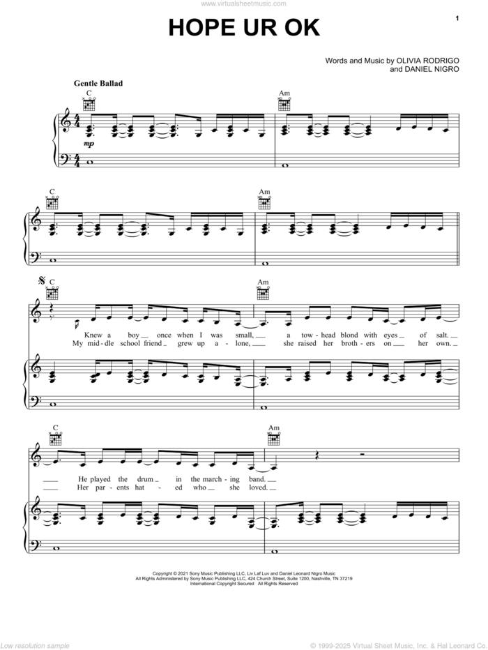 hope ur ok sheet music for voice, piano or guitar by Olivia Rodrigo and Daniel Nigro, intermediate skill level