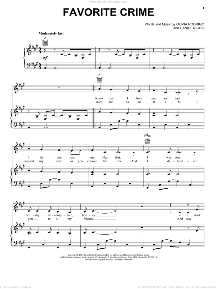 favorite crime sheet music for voice, piano or guitar by Olivia Rodrigo and Daniel Nigro, intermediate skill level