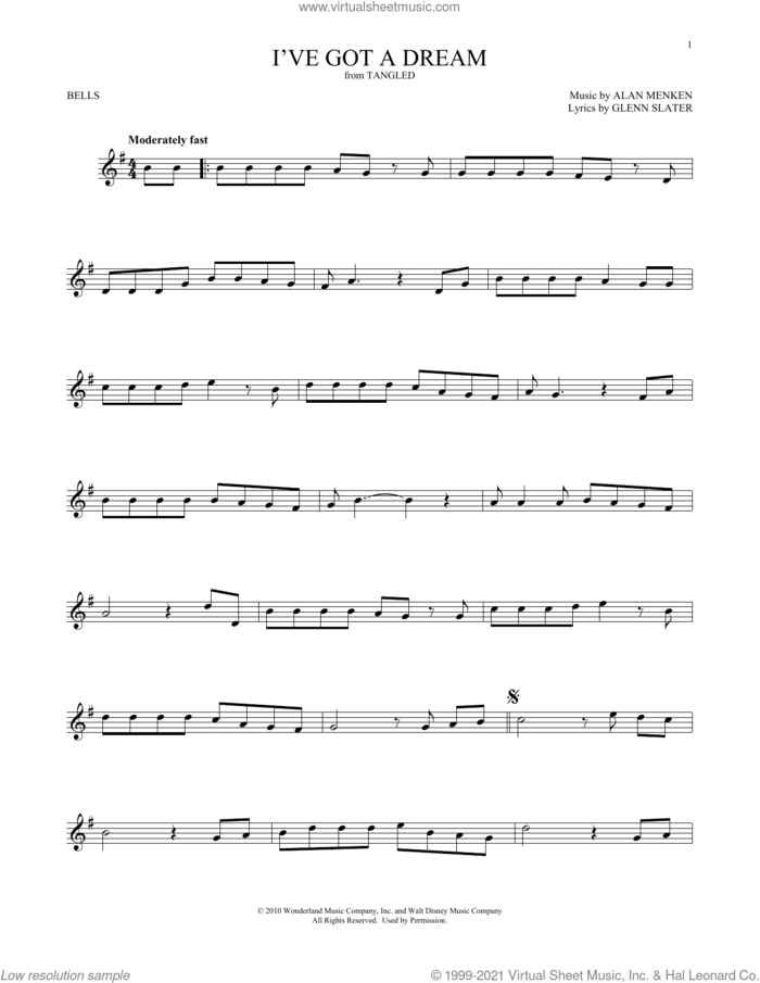 I've Got A Dream (from Tangled) sheet music for Hand Bells Solo (bell solo) by Alan Menken, Mandy Moore and Glenn Slater, intermediate Hand Bells Solo (bell)
