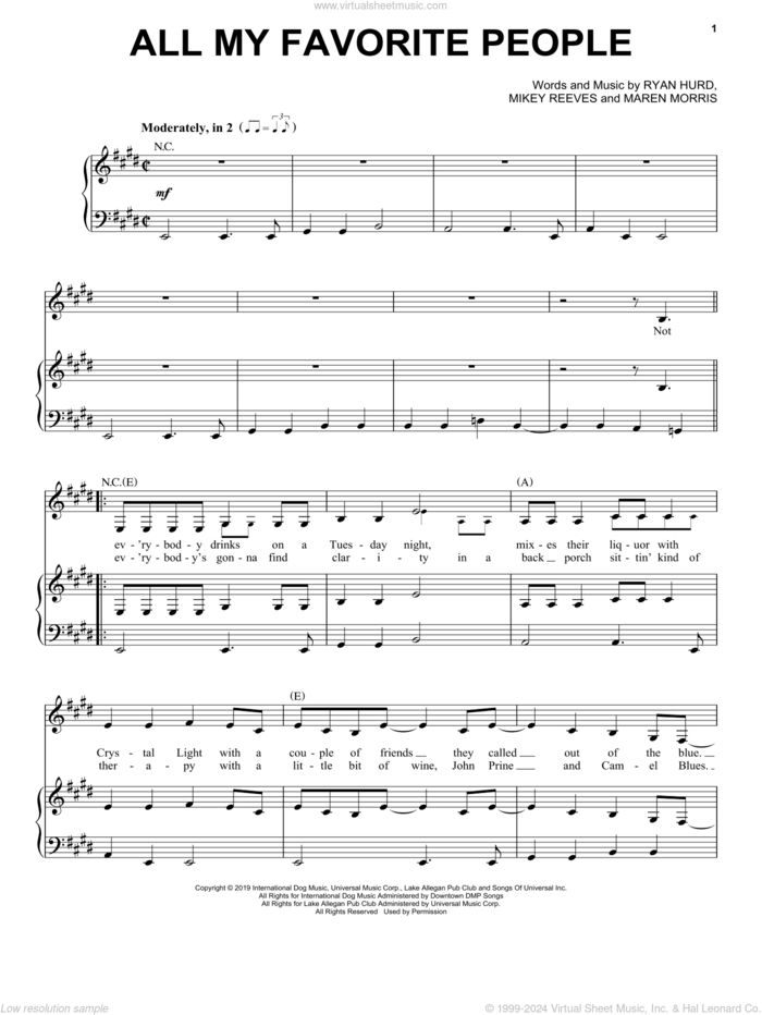 All My Favorite People (feat. Brothers Osborne) sheet music for voice, piano or guitar by Maren Morris, Mikey Reeves and Ryan Hurd, intermediate skill level