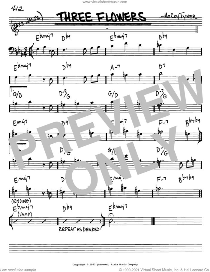 Three Flowers sheet music for voice and other instruments (bass clef) by McCoy Tyner, intermediate skill level