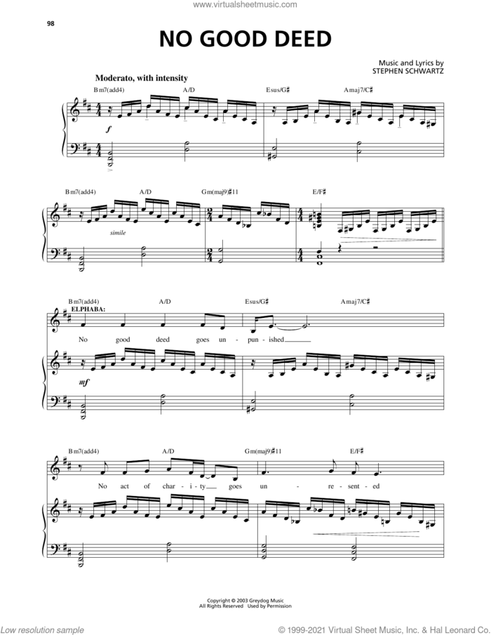 No Good Deed (from Wicked) sheet music for voice and piano by Stephen Schwartz, intermediate skill level