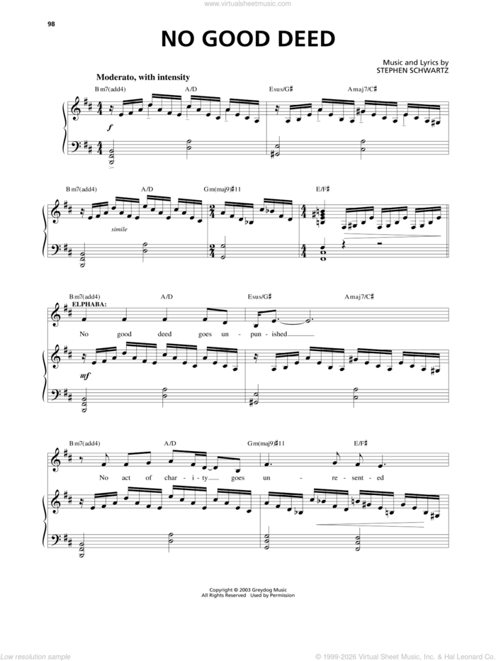 No Good Deed (from Wicked) sheet music for voice and piano by Stephen Schwartz, intermediate skill level
