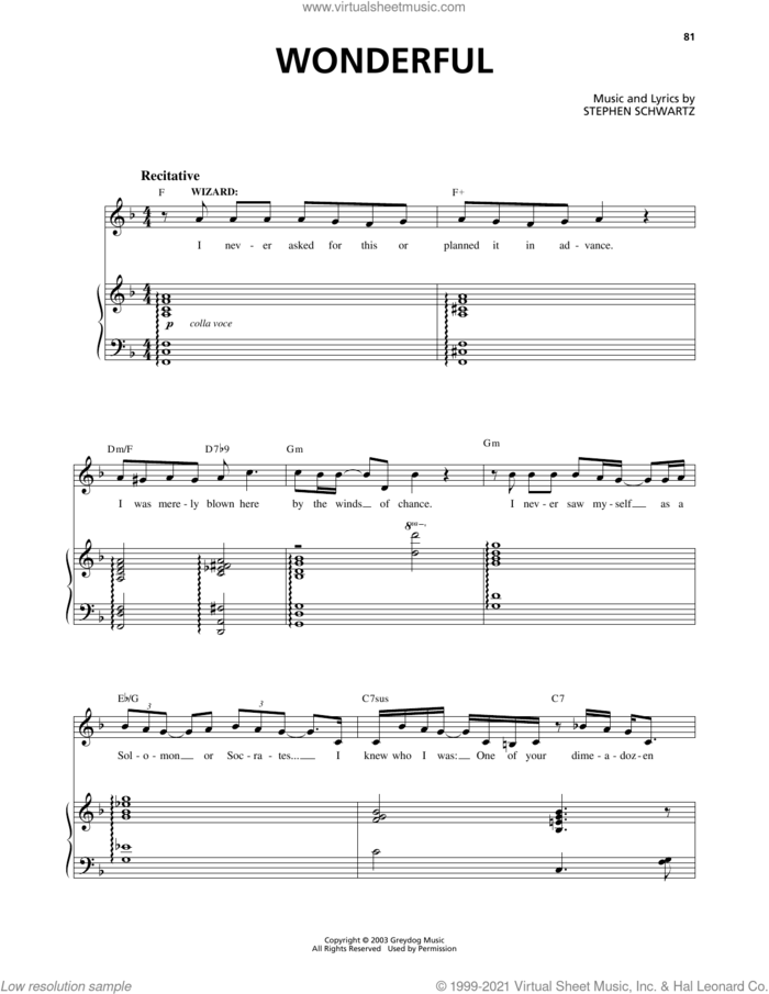 Wonderful (from Wicked) sheet music for voice and piano by Stephen Schwartz and Richard Walters, intermediate skill level