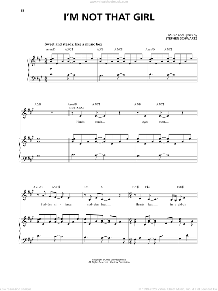 I'm Not That Girl (from Wicked) sheet music for voice and piano by Stephen Schwartz and Richard Walters, intermediate skill level