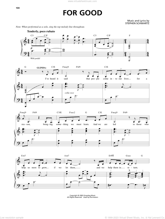 For Good (from Wicked) sheet music for voice and piano by Stephen Schwartz, intermediate skill level