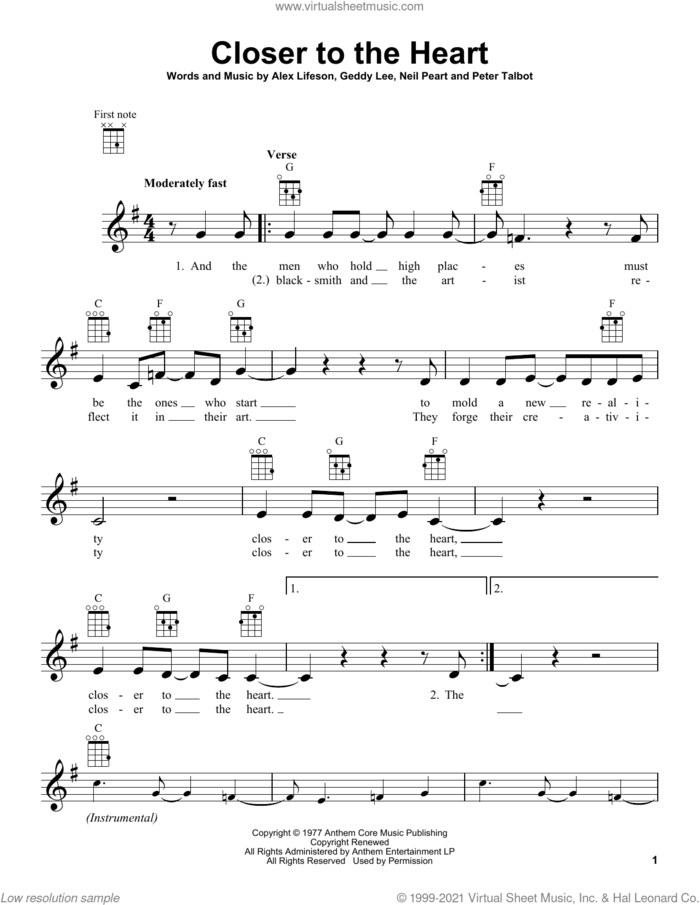 Closer To The Heart sheet music for ukulele by Rush, Alex Lifeson, Geddy Lee, Neil Peart and Peter Talbot, intermediate skill level