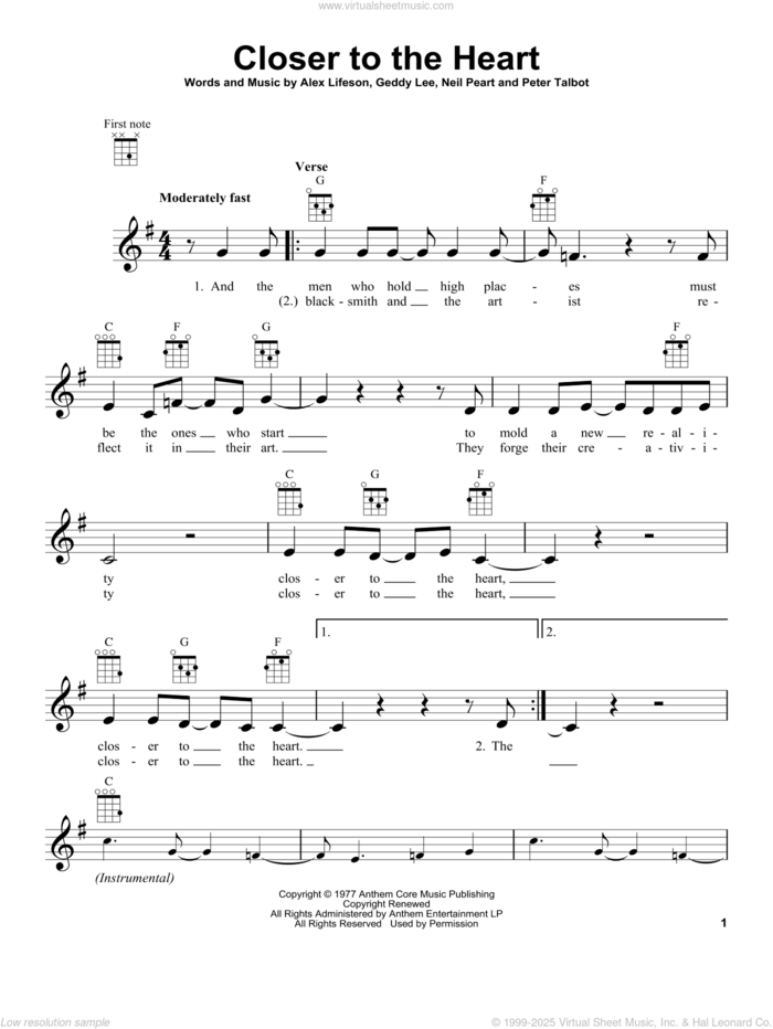 Closer To The Heart sheet music for ukulele by Rush, Alex Lifeson, Geddy Lee, Neil Peart and Peter Talbot, intermediate skill level