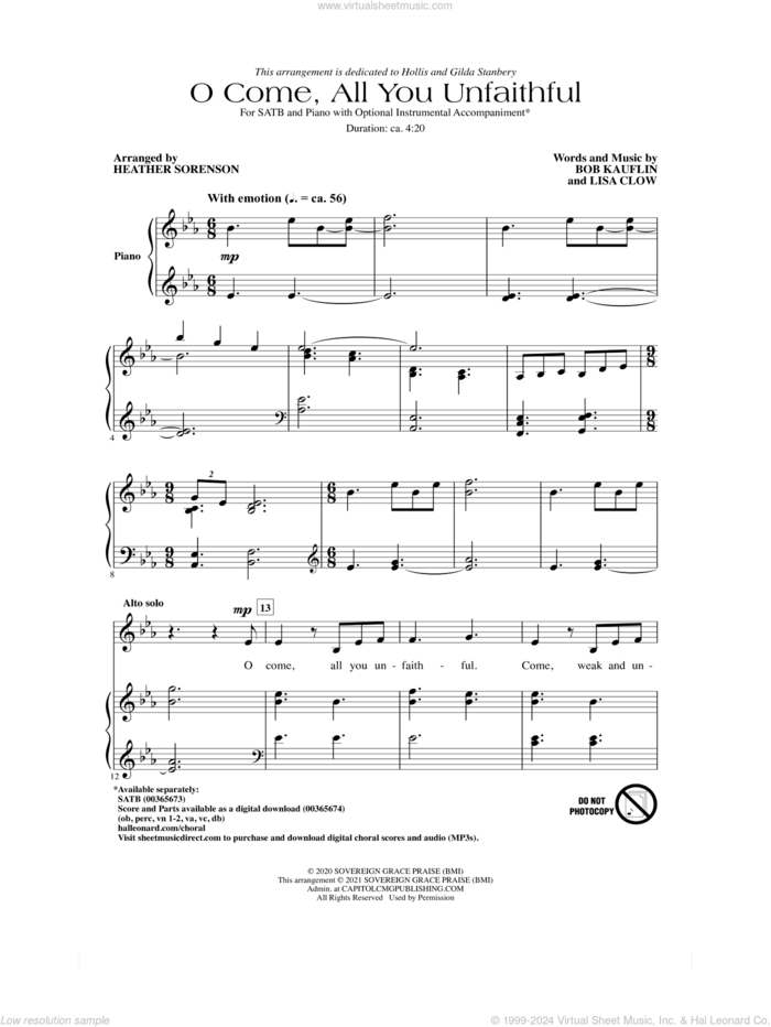 O Come All You Unfaithful (arr. Heather Sorenson) sheet music for choir (SATB: soprano, alto, tenor, bass) by Sovereign Grace, Heather Sorenson, Bob Kauflin and Lisa Clow, intermediate skill level