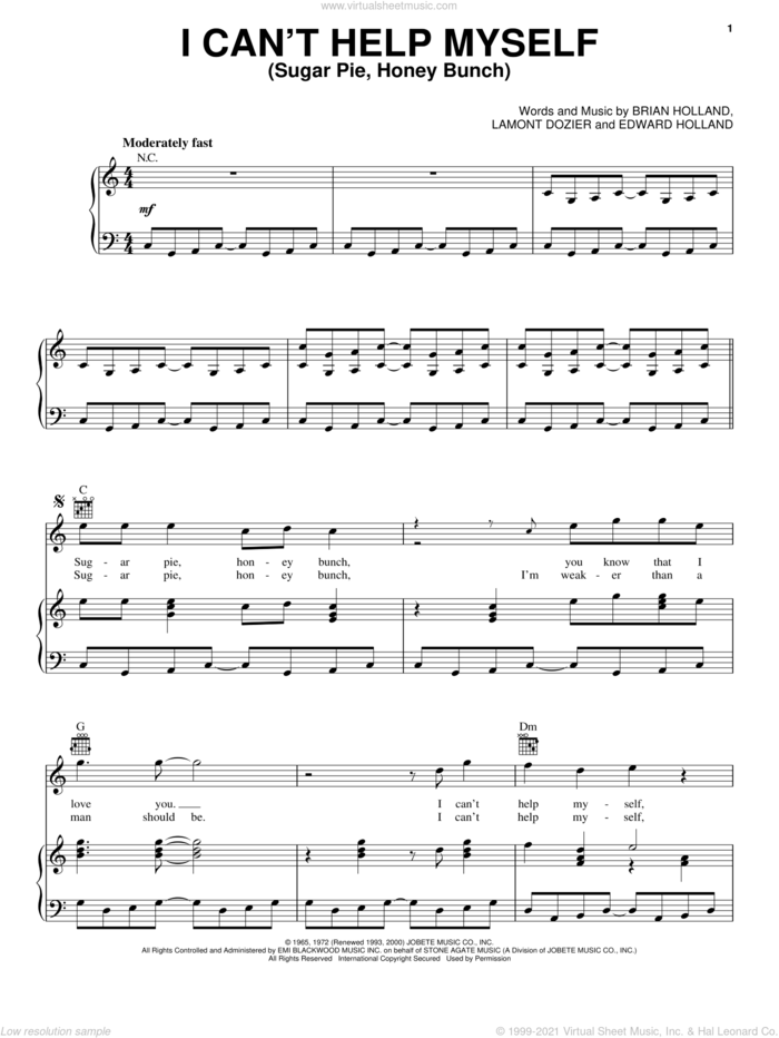I Can't Help Myself (Sugar Pie, Honey Bunch) sheet music for voice, piano or guitar by The Four Tops, Brian Holland, Eddie Holland and Lamont Dozier, intermediate skill level