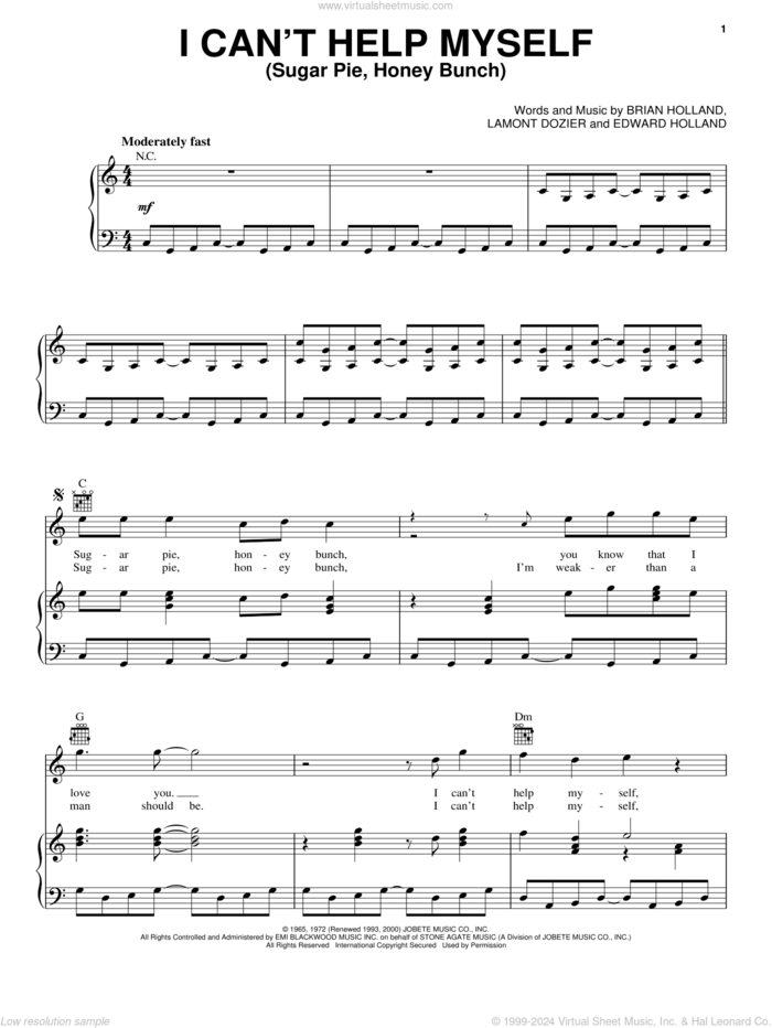 I Can't Help Myself (Sugar Pie, Honey Bunch) sheet music for voice, piano or guitar by The Four Tops, Brian Holland, Eddie Holland and Lamont Dozier, intermediate skill level