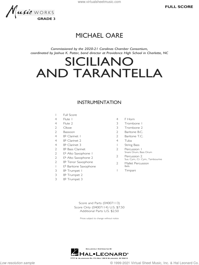 Siciliano and Tarantella (COMPLETE) sheet music for concert band by Michael Oare, intermediate skill level