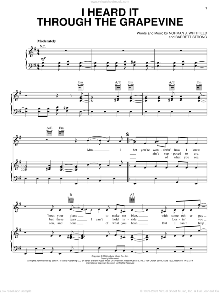 I Heard It Through The Grapevine sheet music for voice, piano or guitar by Marvin Gaye, Creedence Clearwater Revival, Gladys Knight & The Pips, Michael McDonald, Barrett Strong and Norman Whitfield, intermediate skill level