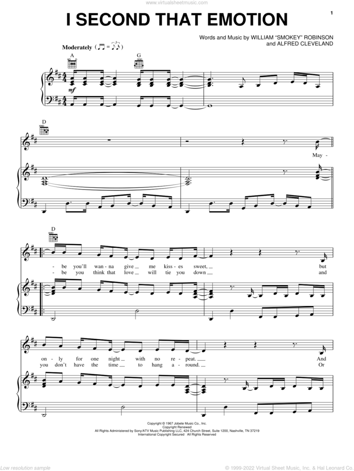 I Second That Emotion sheet music for voice, piano or guitar by Smokey Robinson & The Miracles and Alfred Cleveland, intermediate skill level